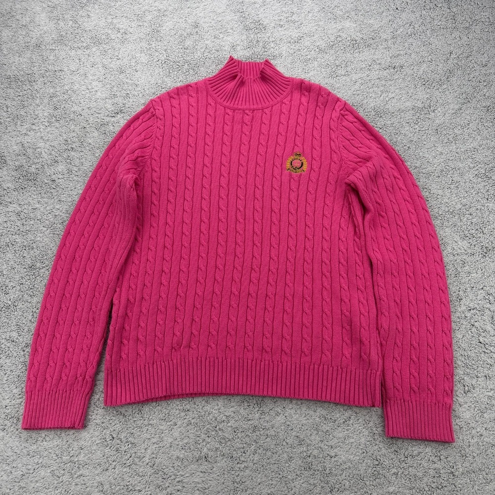 Lauren Ralph Lauren Sweater Womens Medium Hot Pink Cable Knit Mock Crest Preppy